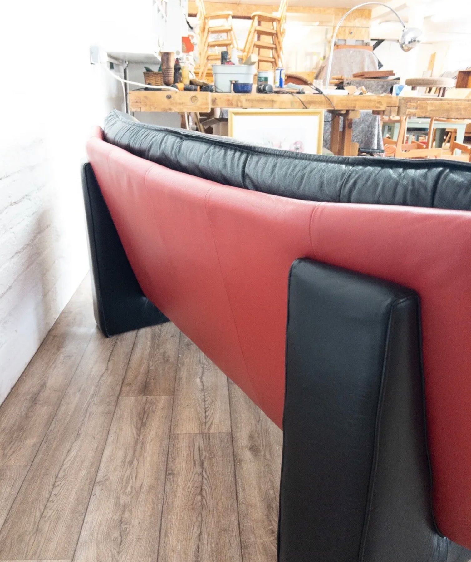 Retro Postmodern Nicoletti Salotti Italian Black  Red  Leather Three Piece Suite plus Footstool - teakyfinders