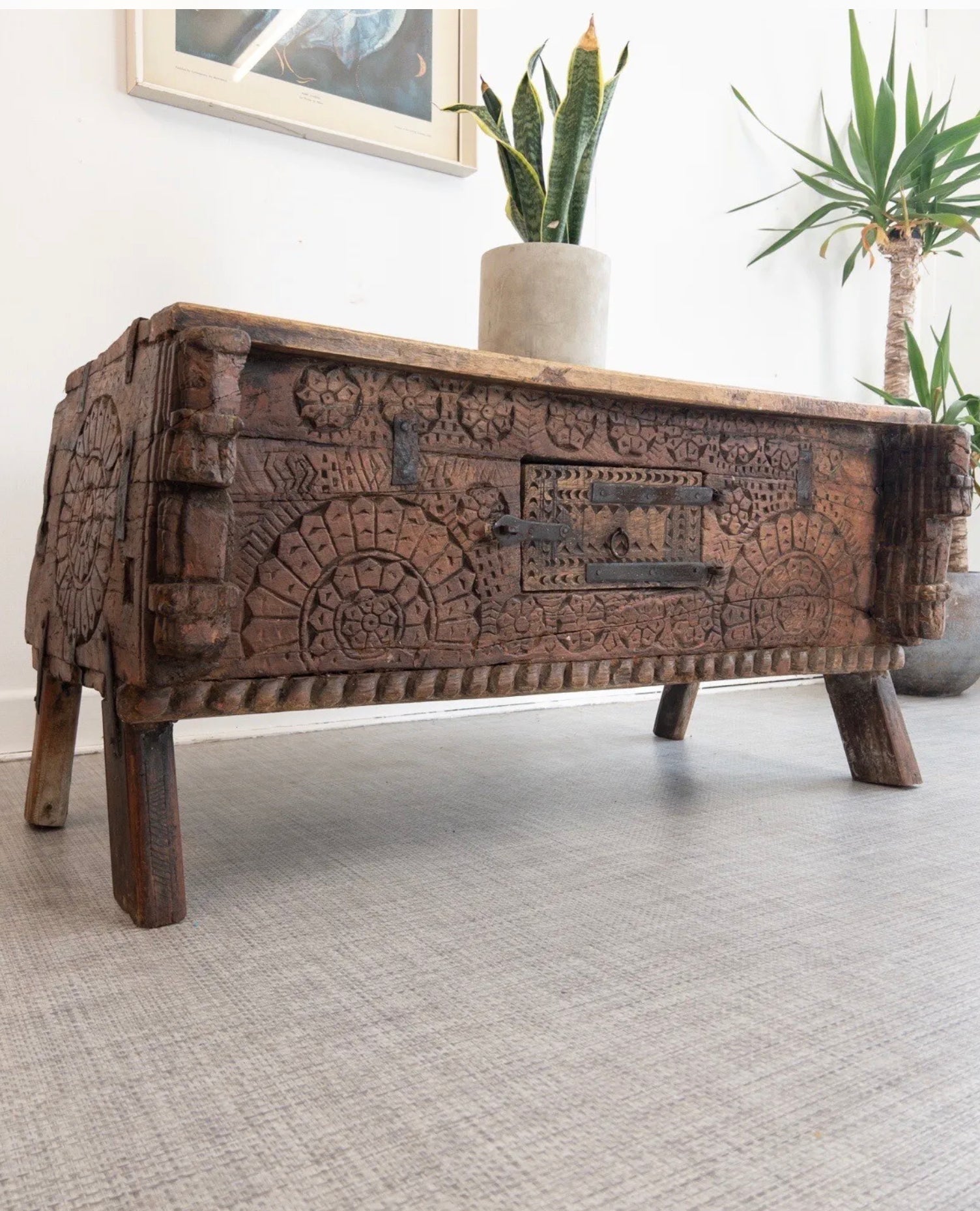 Antique Indian Teak Dowry Box Storage Chest Wooden Coffee Table - teakyfinders