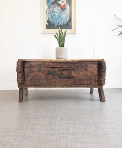 Antique Indian Teak Dowry Box Storage Chest Wooden Coffee Table - teakyfinders