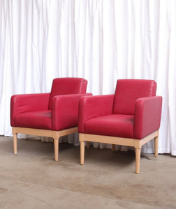 Pair Modern Cocktail Arm Chairs In Red Vinyl And Beech Stunning Quality - teakyfinders