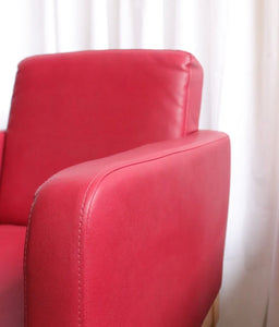 Pair Modern Cocktail Arm Chairs In Red Vinyl And Beech Stunning Quality - teakyfinders