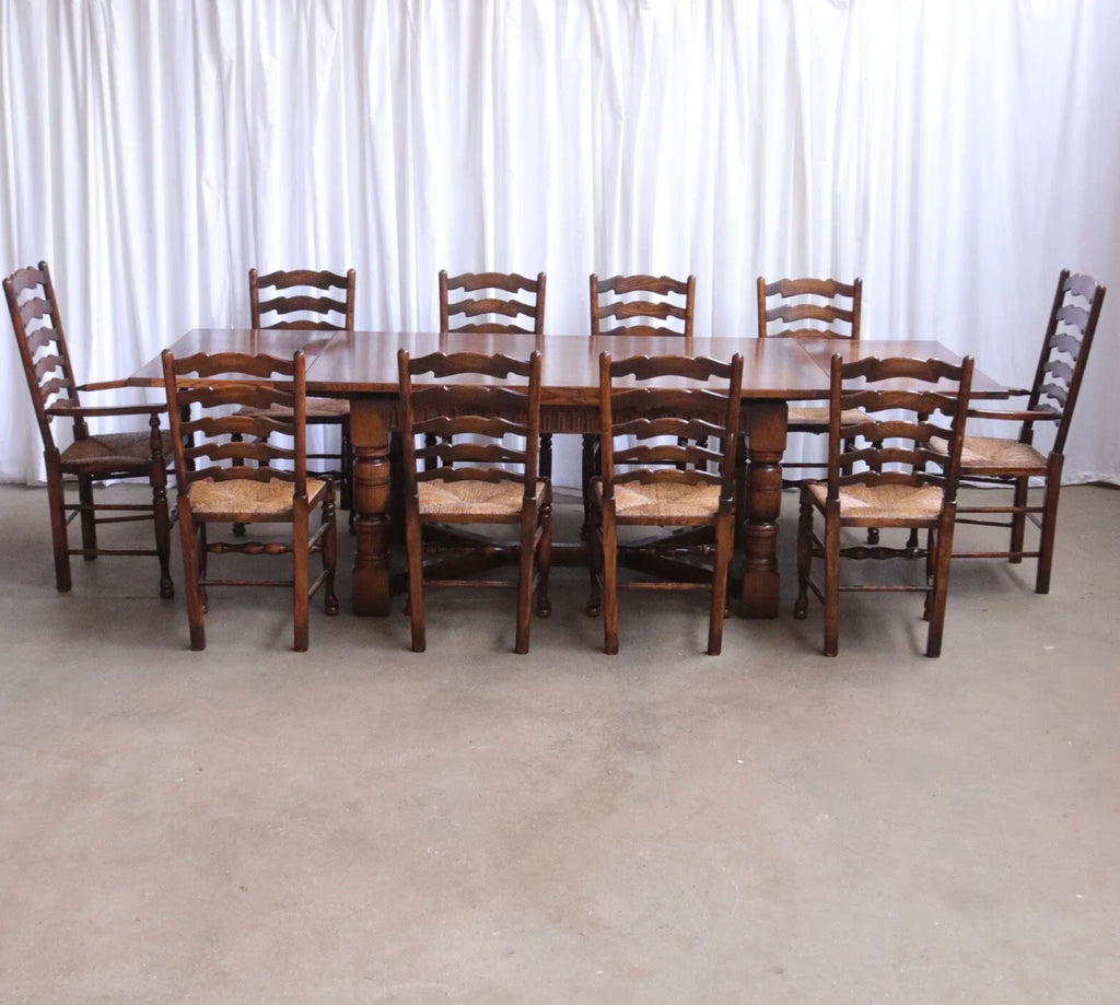 A Set of Ten Rush Dining Chairs And Large Oak Table By Titchmarsh & Goodwin 10 - teakyfinders