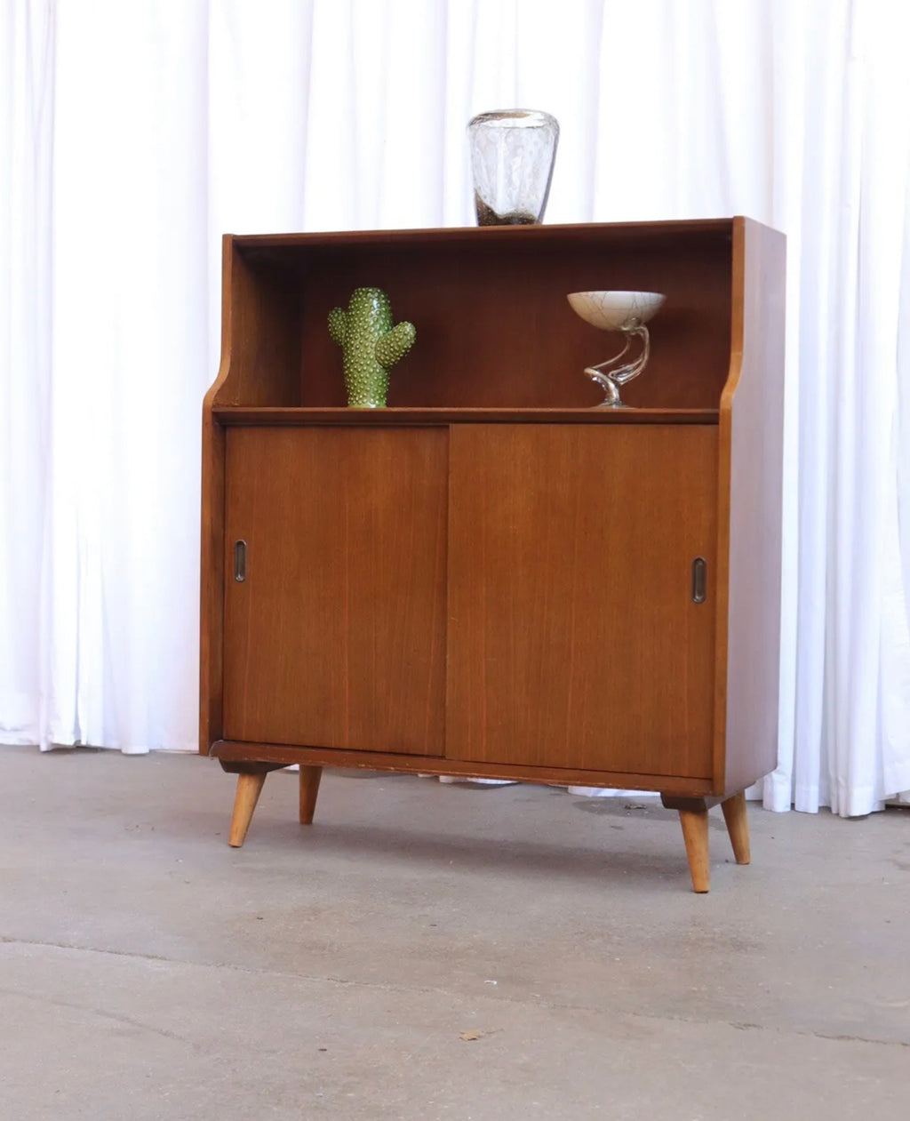 Vintage Mid Century Walnut Bookcase  / Display Cabinet Sliding Doors Sideboard - teakyfinders