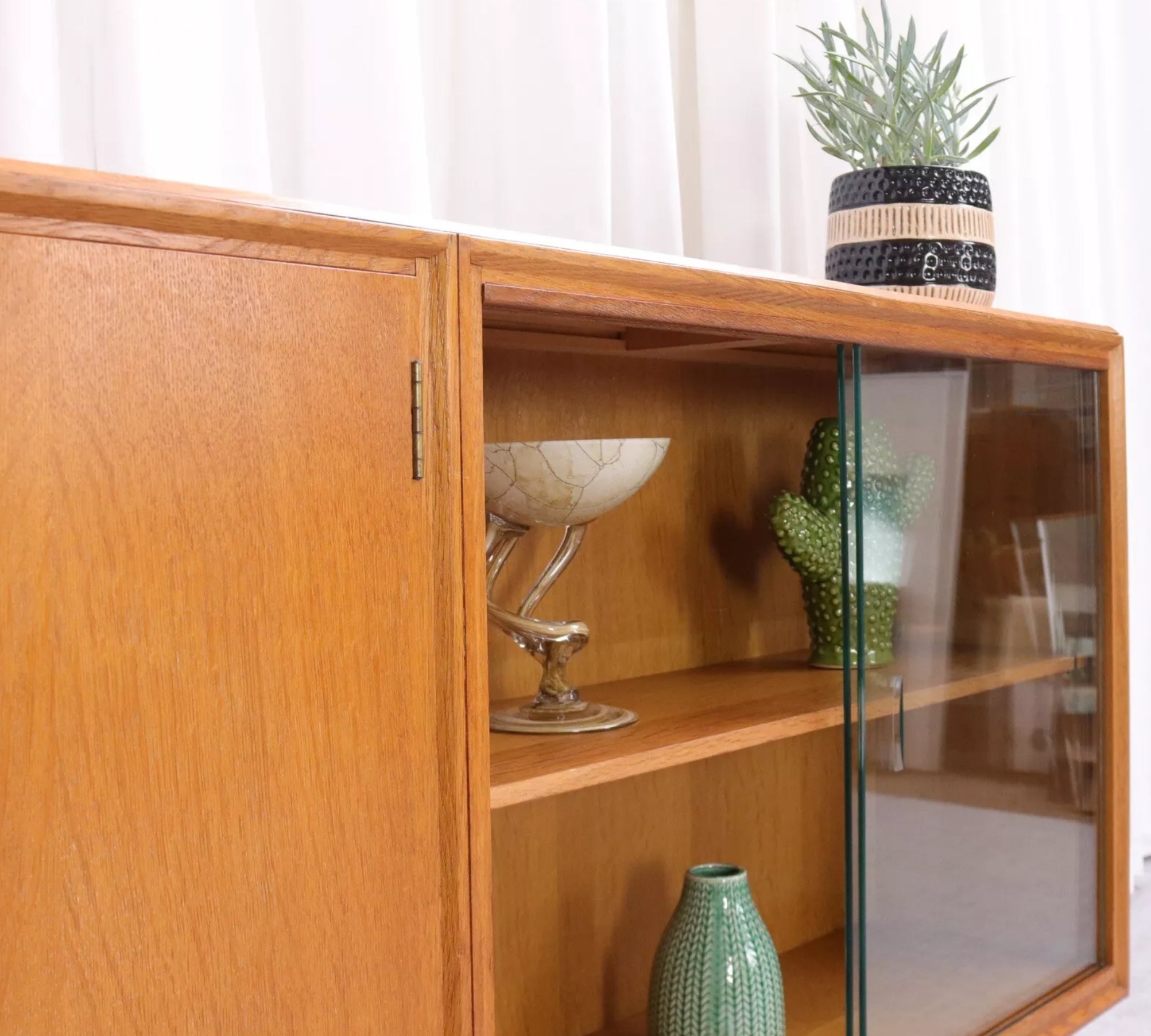 6221 Vintage Bookcase Glazed Sideboard Mid Century In Light Oak By Meredew 60s - teakyfinders