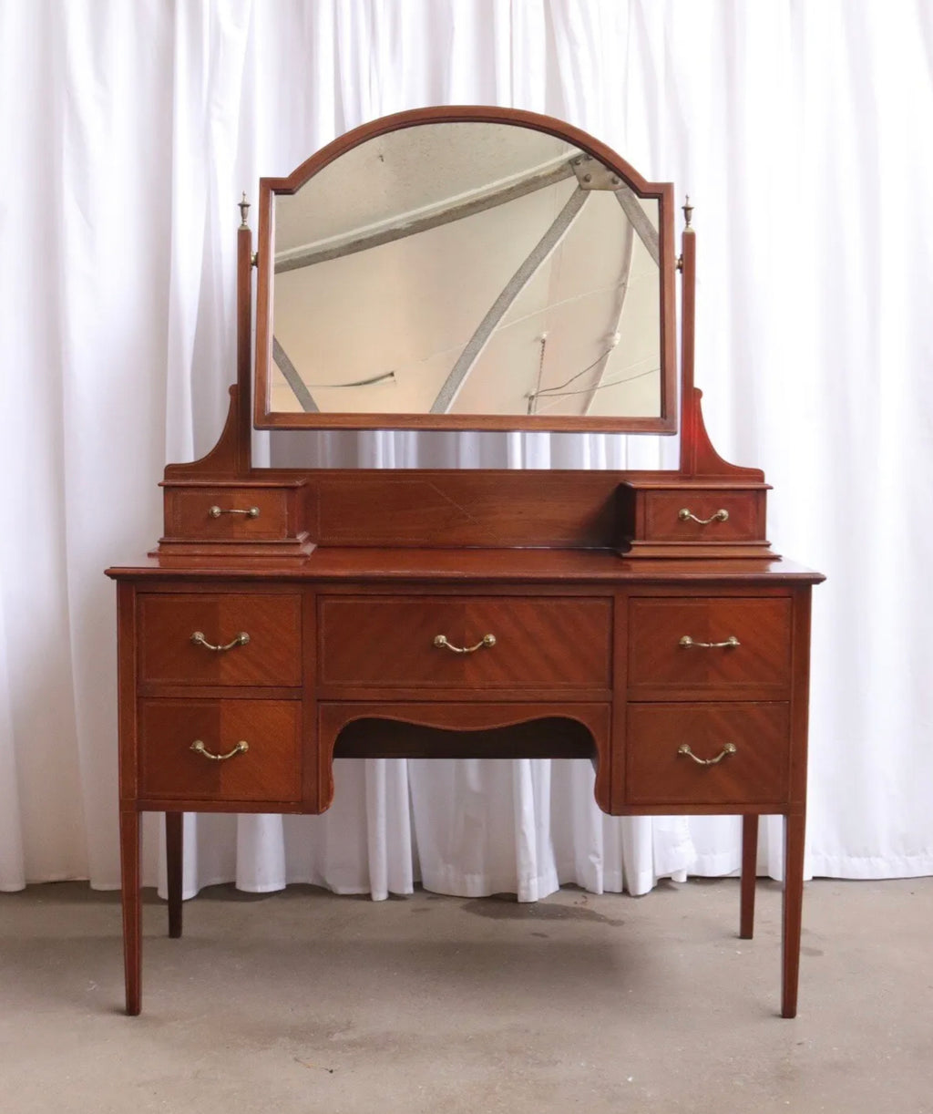 1910s Antique English Sheraton Mahogany inlaid Vanity desk mirror Dressing Table - teakyfinders