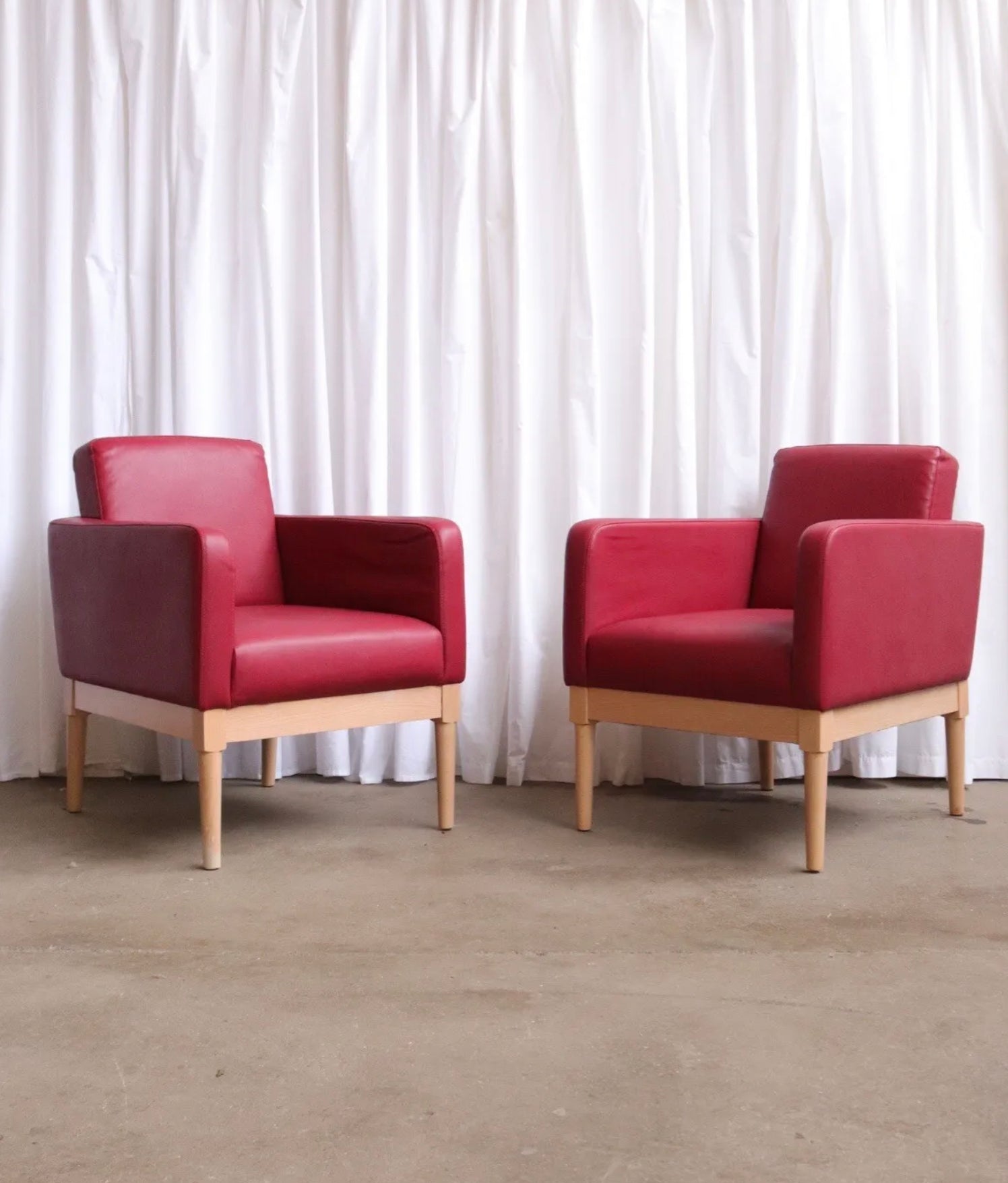 Pair Modern Cocktail Arm Chairs In Red Vinyl And Beech Stunning Quality - teakyfinders