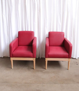 Pair Modern Cocktail Arm Chairs In Red Vinyl And Beech Stunning Quality - teakyfinders