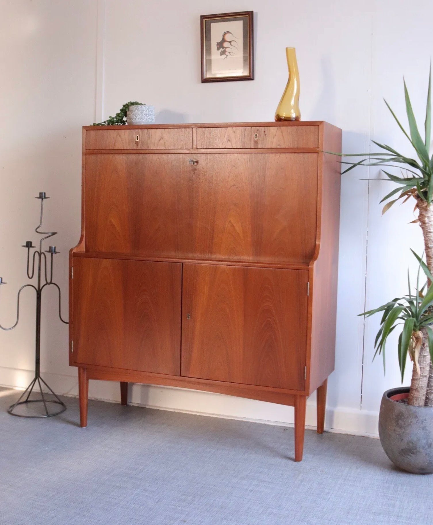 MidCentury Teak Danish Desk Bureau Secretaire H.p. Hansen Drinks Cabinet Storage - teakyfinders