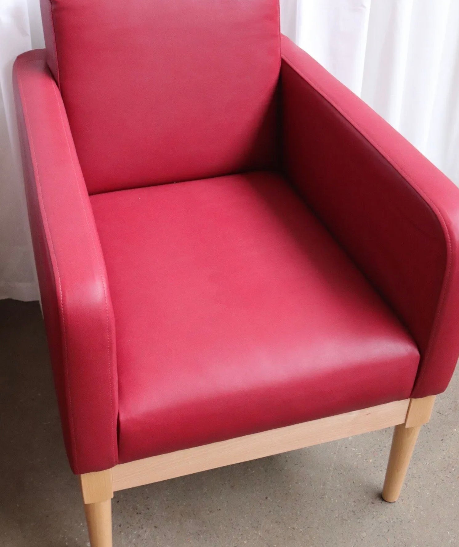 Pair Modern Cocktail Arm Chairs In Red Vinyl And Beech Stunning Quality - teakyfinders