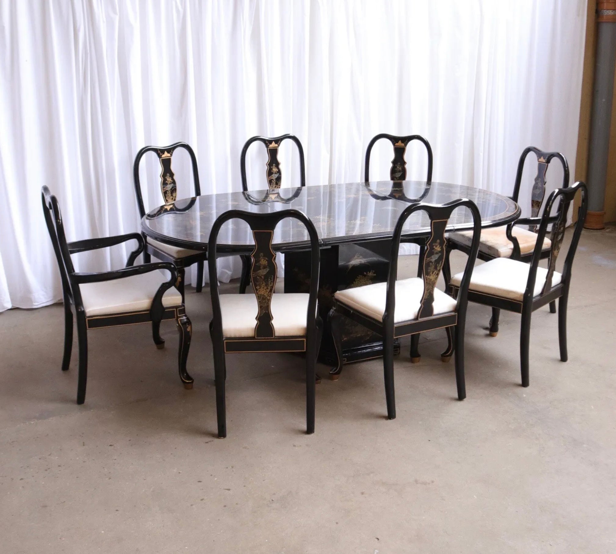 Oriental Chinese Black Lacquered Dining Table And 8 Chairs Vintage Asian - teakyfinders