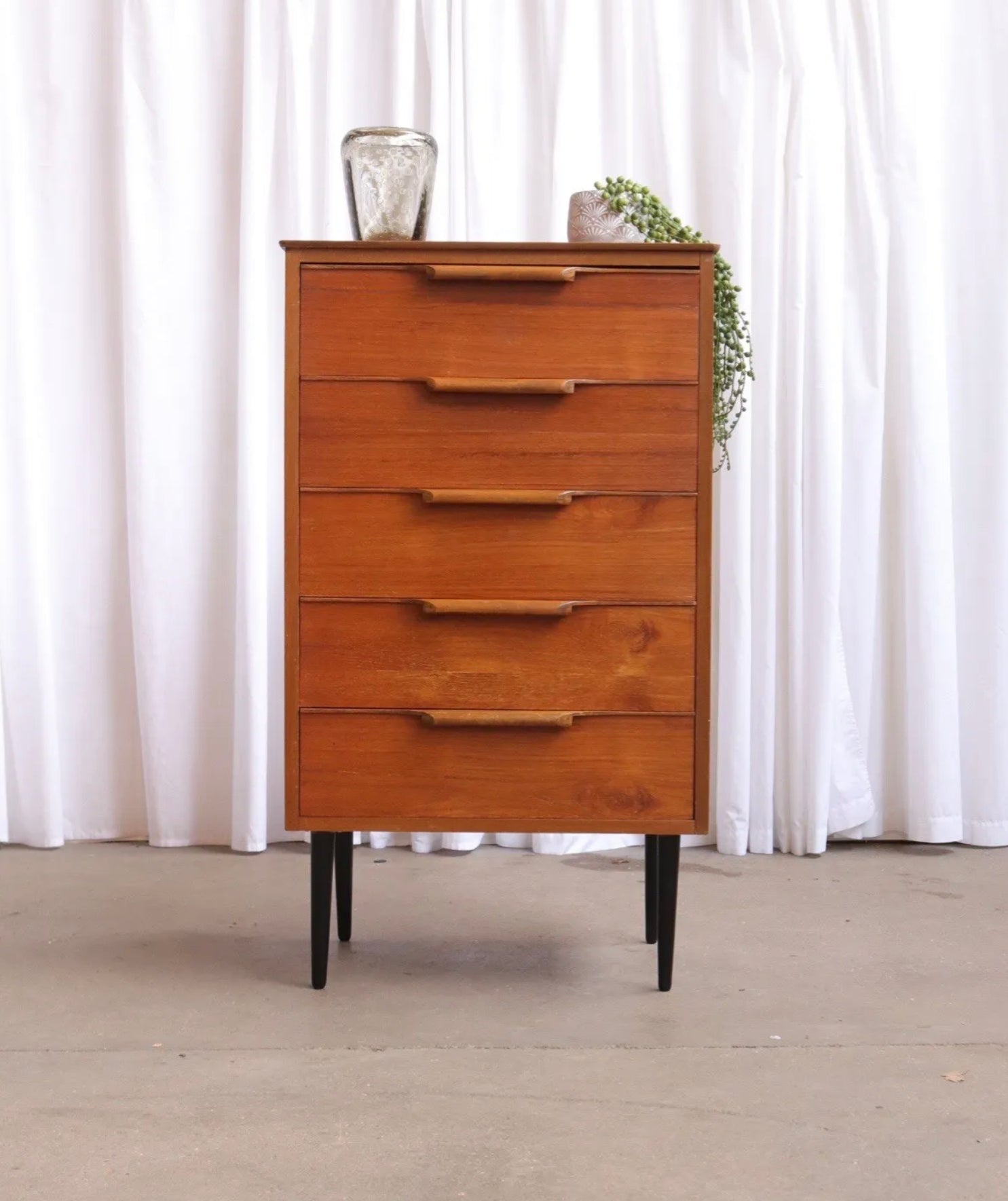 Vintage Mid Century Teak Chest Of 5 Drawers - teakyfinders