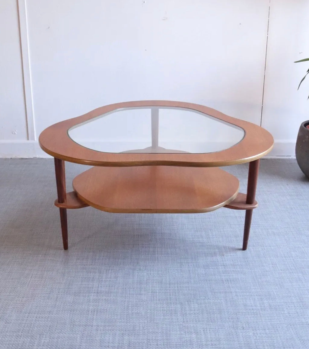 Mid Century 1960/70s Coffee Table Triangular Astro Style Teak Glass Top Unusual - teakyfinders