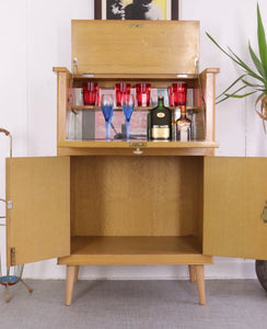 Mid Century Light Oak Vintage Drinks Cabinet Cocktail Bar Retro 50s - teakyfinders