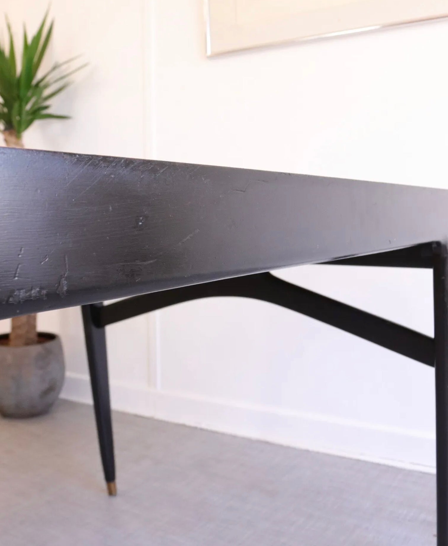 1950’s Retro Dining Table by Berry Furniture Teak Pattern Melamine Top Black Legs - teakyfinders