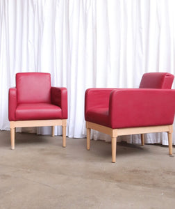 Pair Modern Cocktail Arm Chairs In Red Vinyl And Beech Stunning Quality - teakyfinders