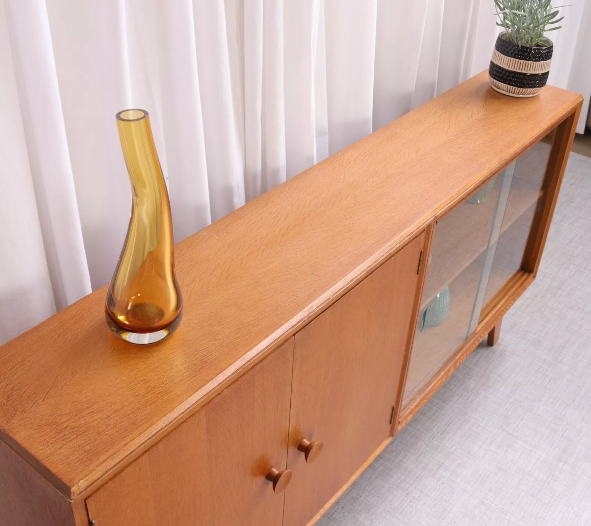 6221 Vintage Bookcase Glazed Sideboard Mid Century In Light Oak By Meredew 60s - teakyfinders