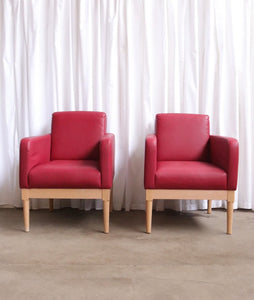 Pair Modern Cocktail Arm Chairs In Red Vinyl And Beech Stunning Quality - teakyfinders