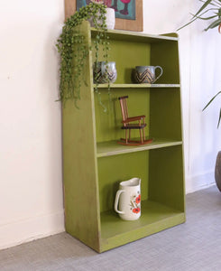 Vintage Rustic Floor Standing Bookcase  Display Book Shelf Plywood Painted Green - teakyfinders