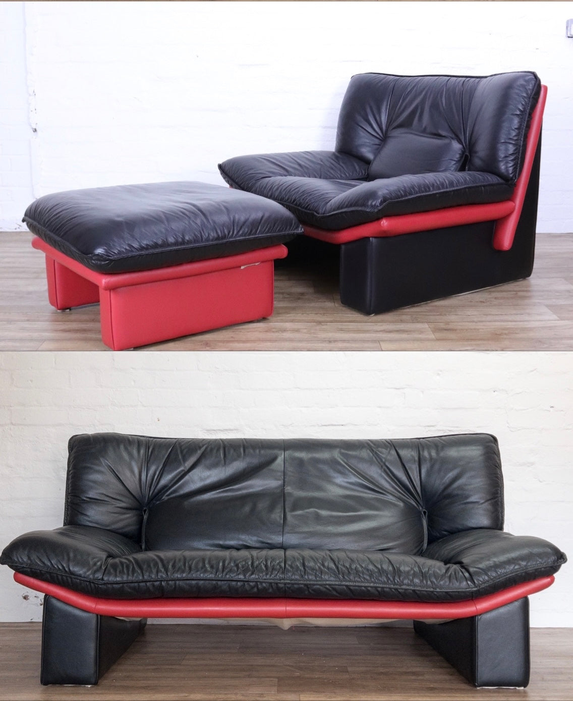 Retro Postmodern Nicoletti Salotti Italian Black  Red  Leather Three Piece Suite plus Footstool - teakyfinders