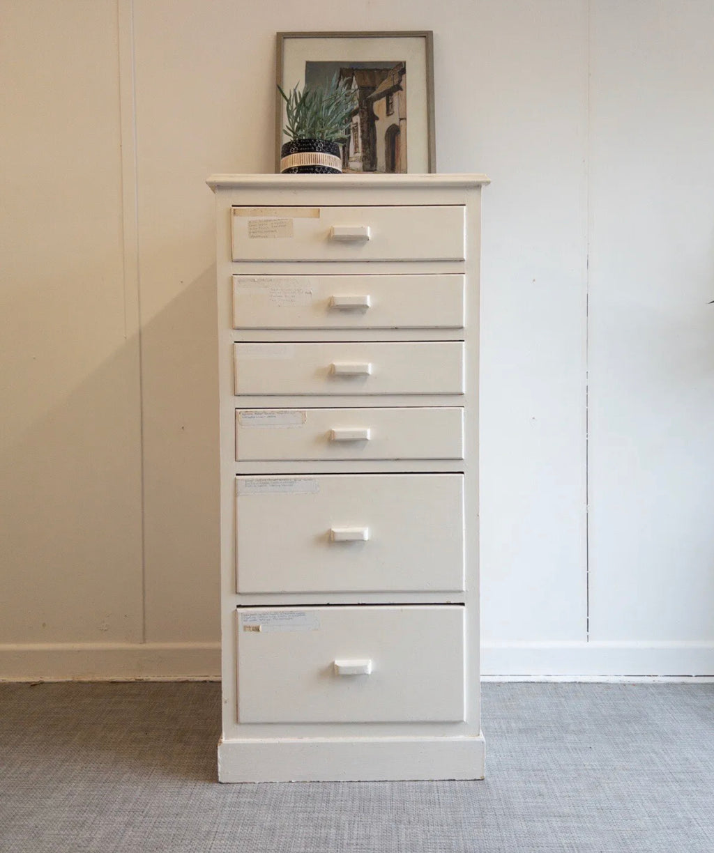 Vintage White Painted Tall Chest of Six Drawers Rustic - teakyfinders