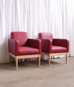 Pair Modern Cocktail Arm Chairs In Red Vinyl And Beech Stunning Quality - teakyfinders