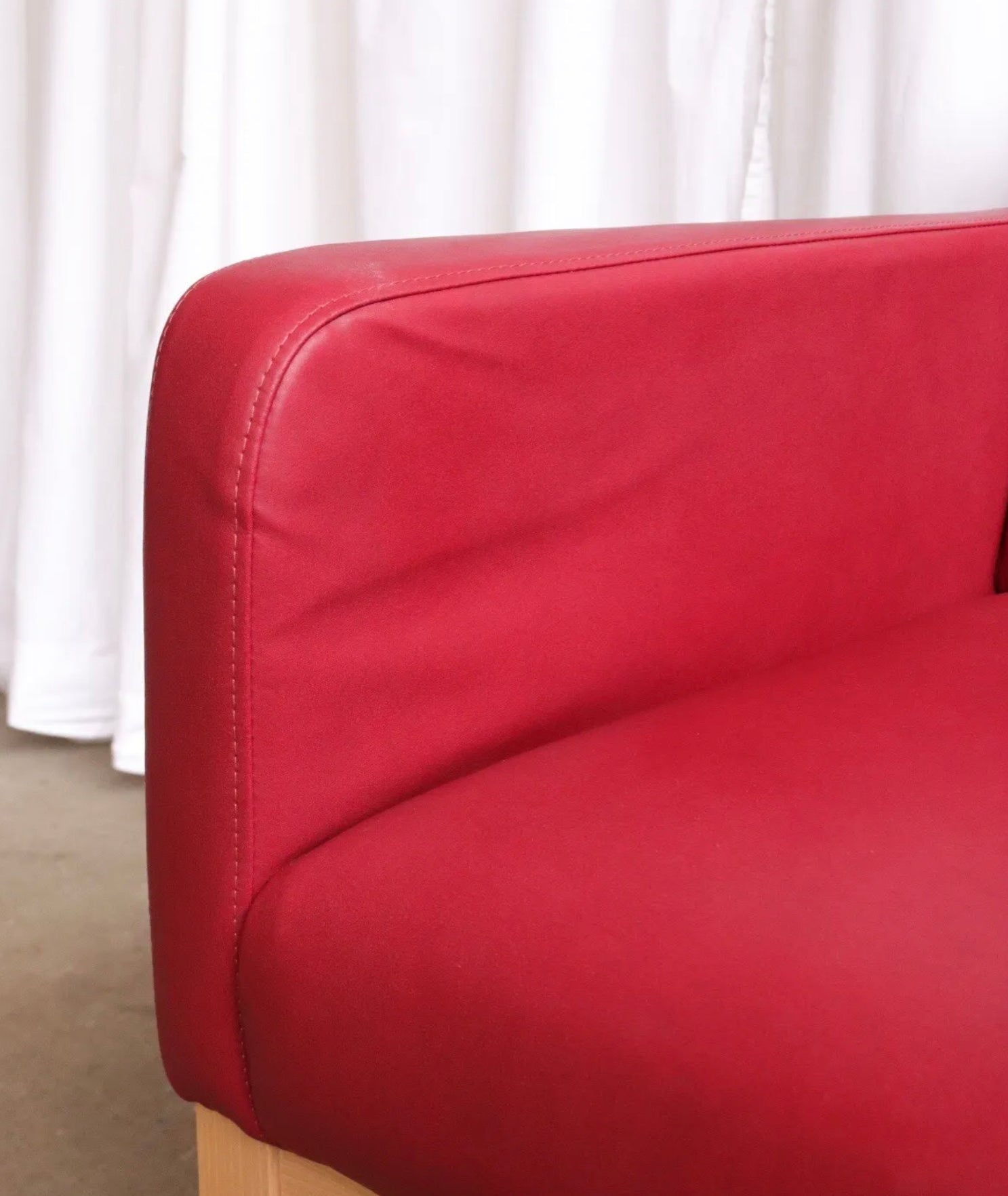 Pair Modern Cocktail Arm Chairs In Red Vinyl And Beech Stunning Quality - teakyfinders