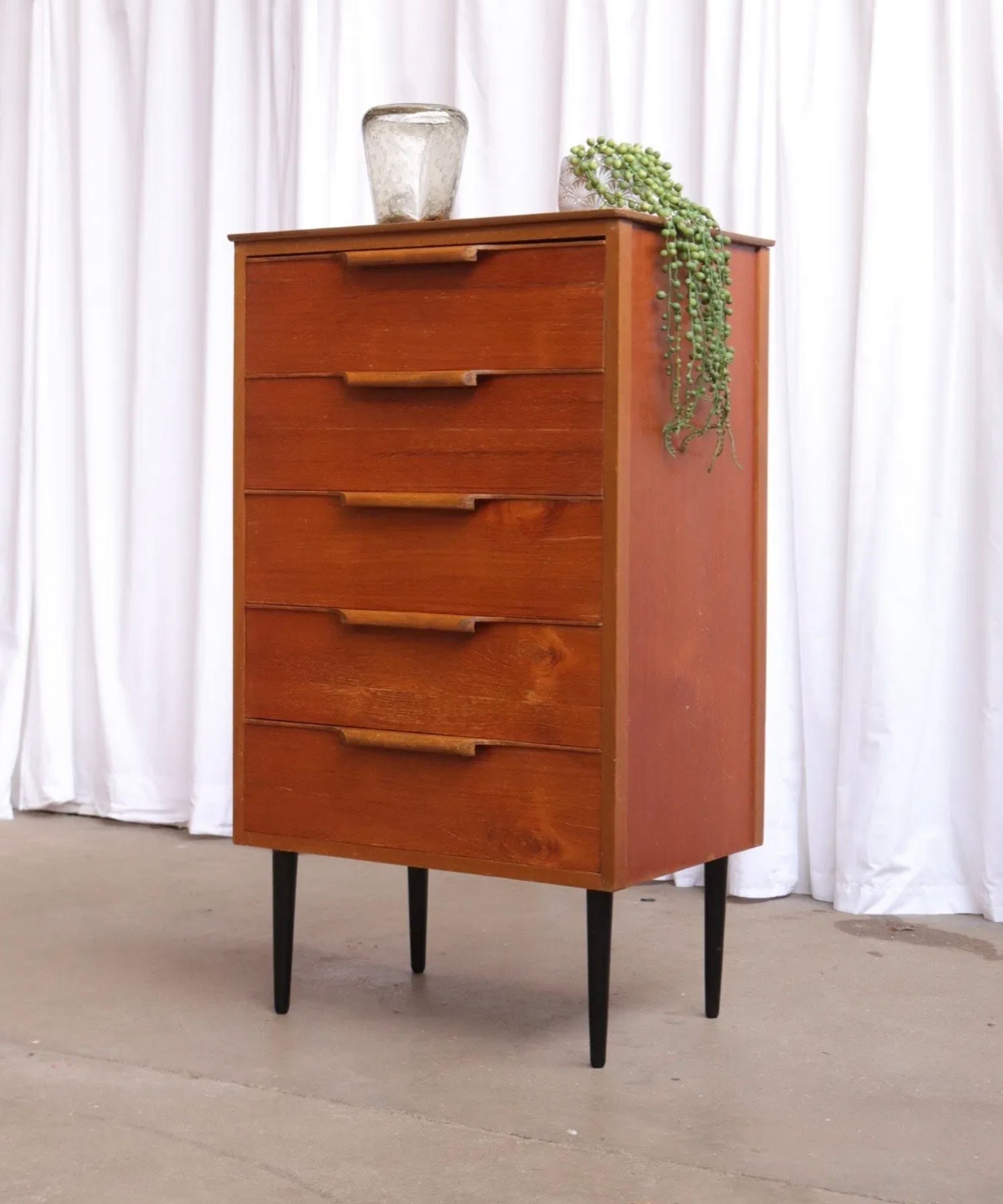 Vintage Mid Century Teak Chest Of 5 Drawers - teakyfinders