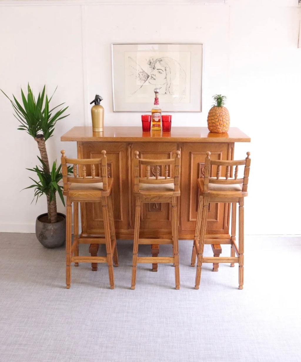 Vintage Oak Cocktail Home Drinks Bar Stylish & 3 Bar Stools - teakyfinders