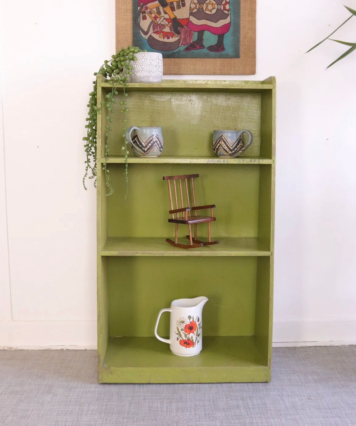 Vintage Rustic Floor Standing Bookcase  Display Book Shelf Plywood Painted Green - teakyfinders