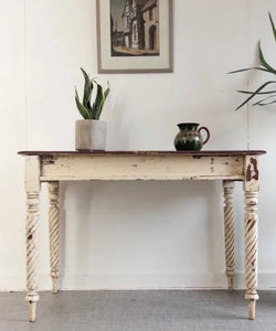 Antique Rustic French Console Table, Prep Table With Drawer Original Painted - teakyfinders
