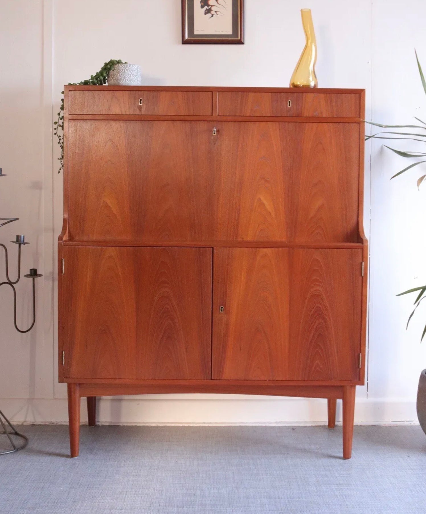 MidCentury Teak Danish Desk Bureau Secretaire H.p. Hansen Drinks Cabinet Storage - teakyfinders