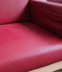 Pair Modern Cocktail Arm Chairs In Red Vinyl And Beech Stunning Quality - teakyfinders