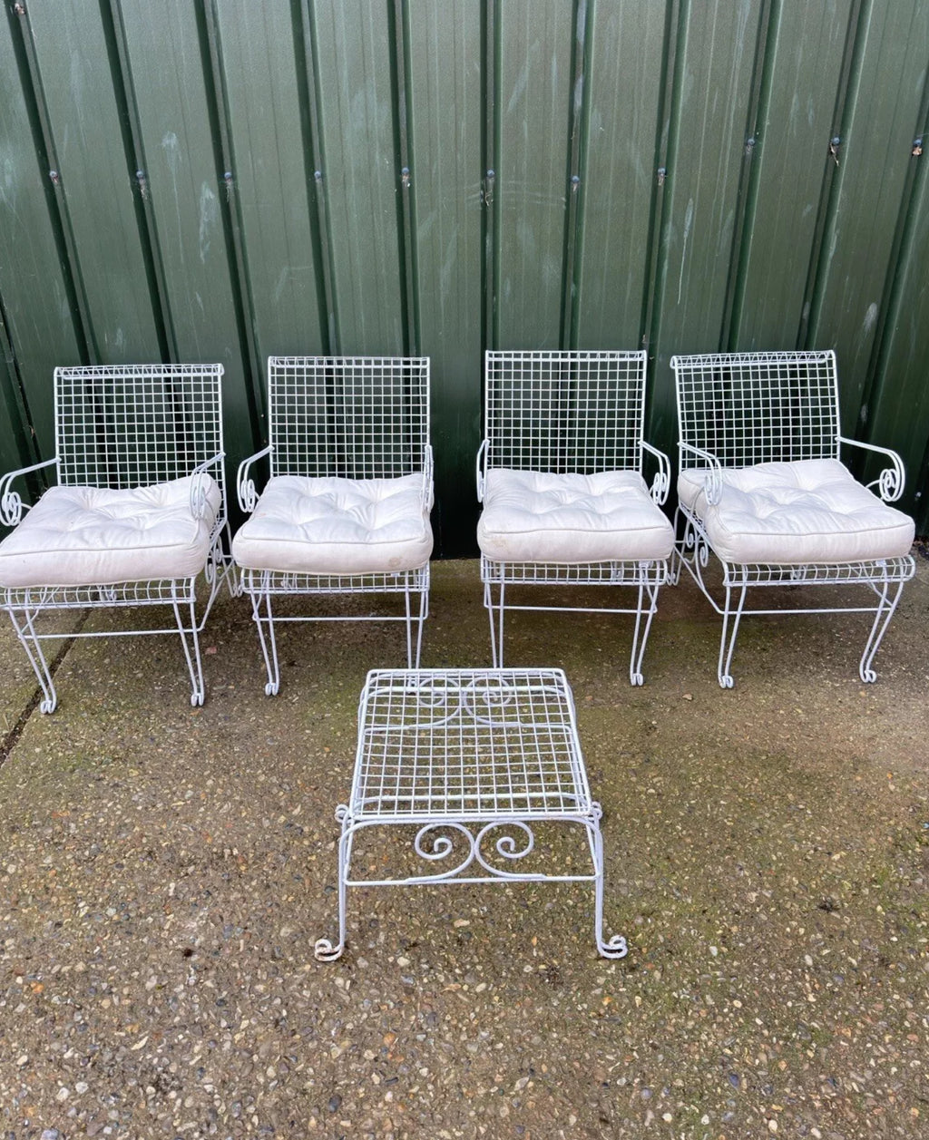 Vintage Garden Patio Furniture set - 4 chairs Side Table - wrought iron - White - teakyfinders