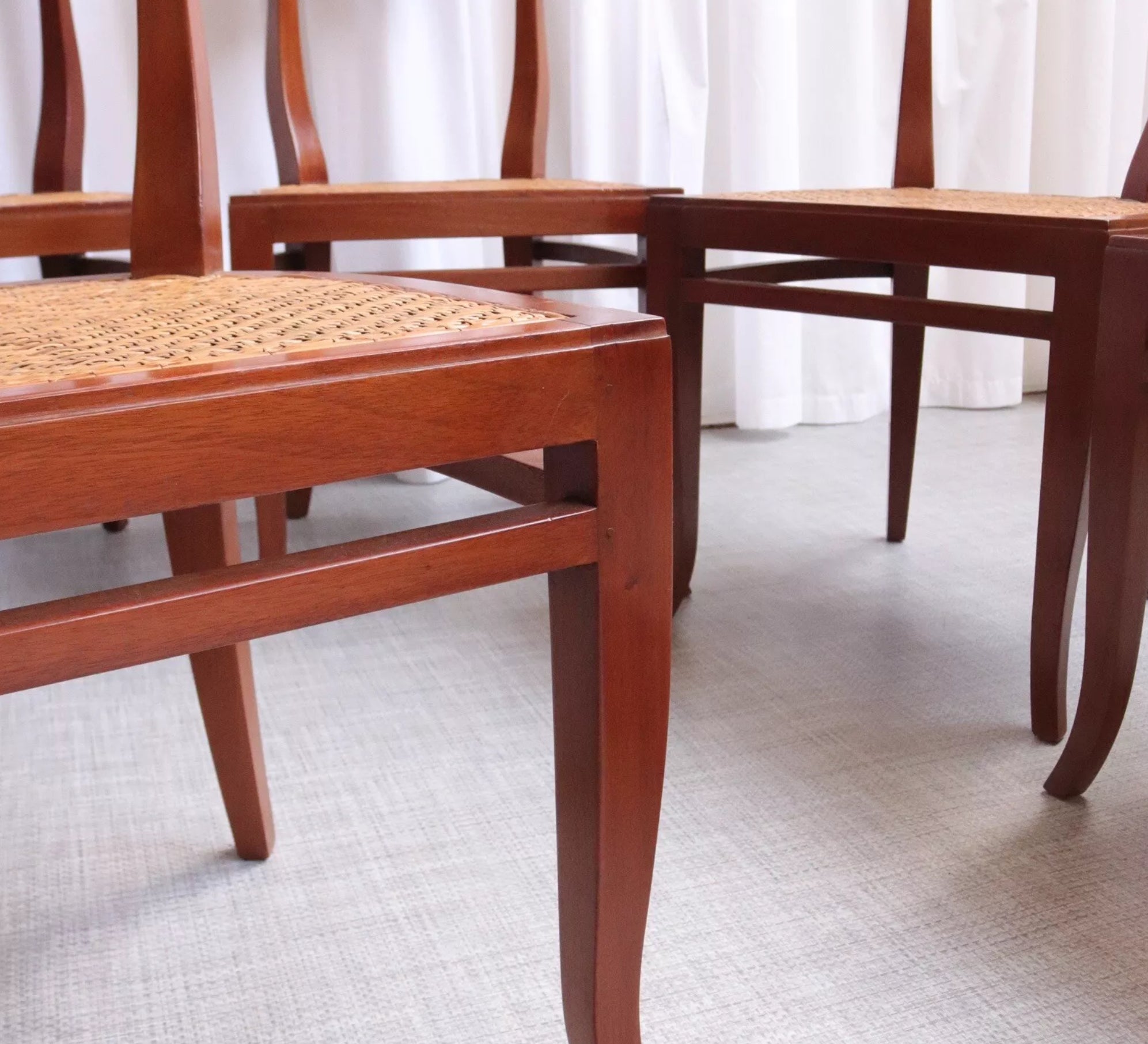 Set of 8 Unusual Biedermeier Dining Chairs High Back Cherry Rattan Mid Century - teakyfinders