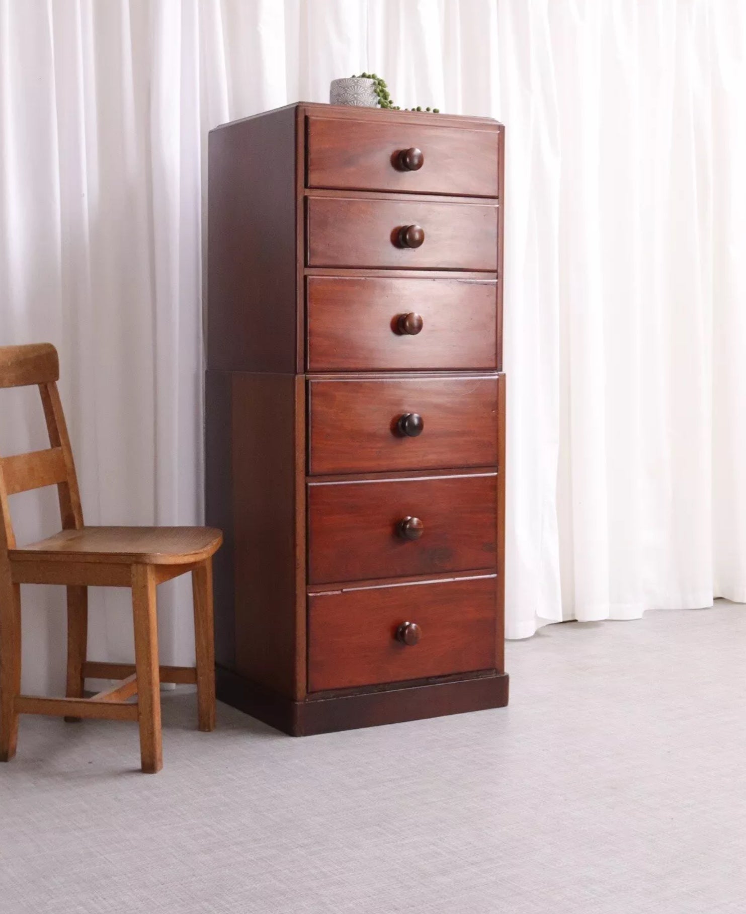 Antique Georgian Style Chest Of 6 Slim Drawers Tall Boy Mahogany - teakyfinders