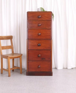 Antique Georgian Style Chest Of 6 Slim Drawers Tall Boy Mahogany - teakyfinders