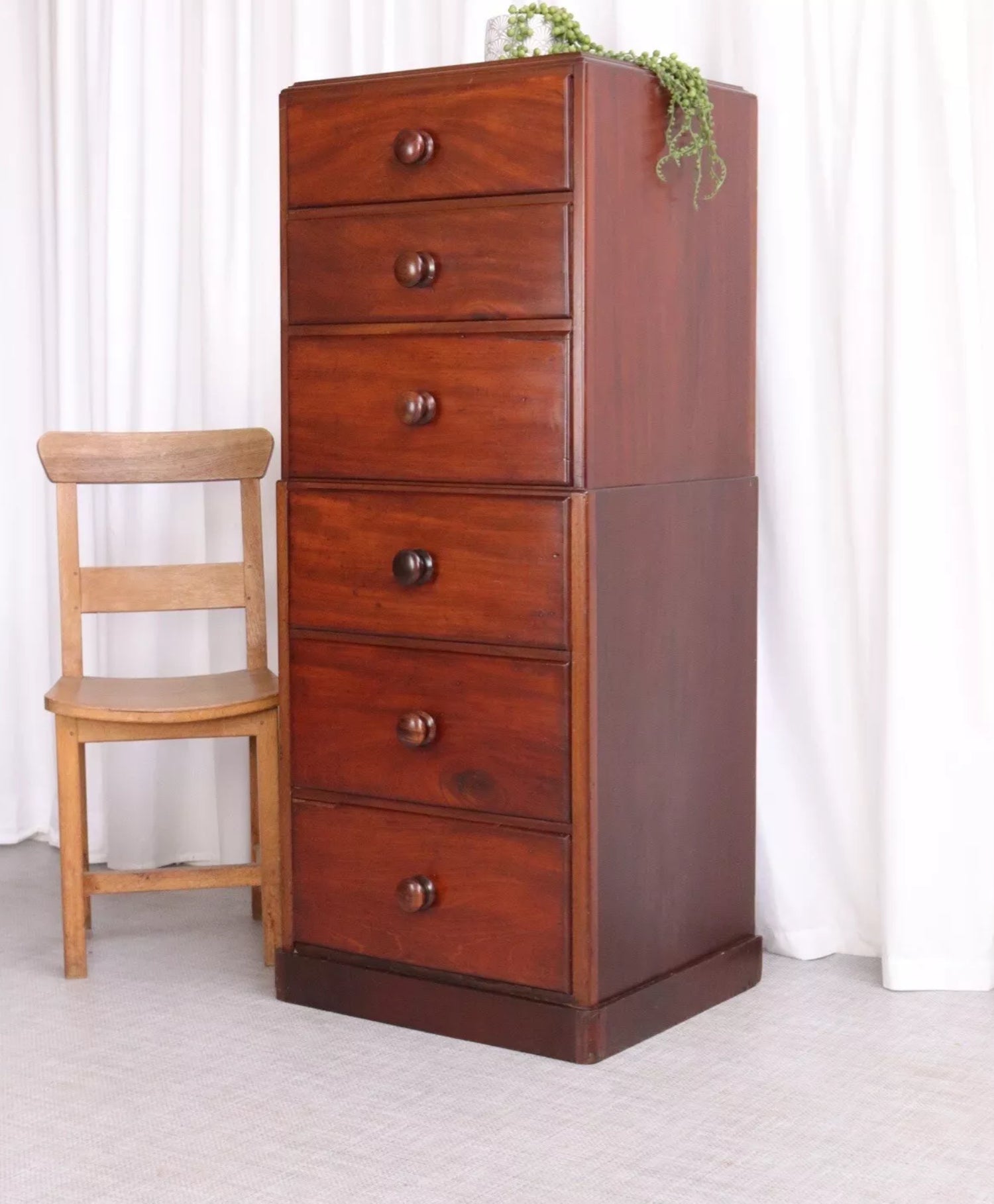 Antique Georgian Style Chest Of 6 Slim Drawers Tall Boy Mahogany - teakyfinders