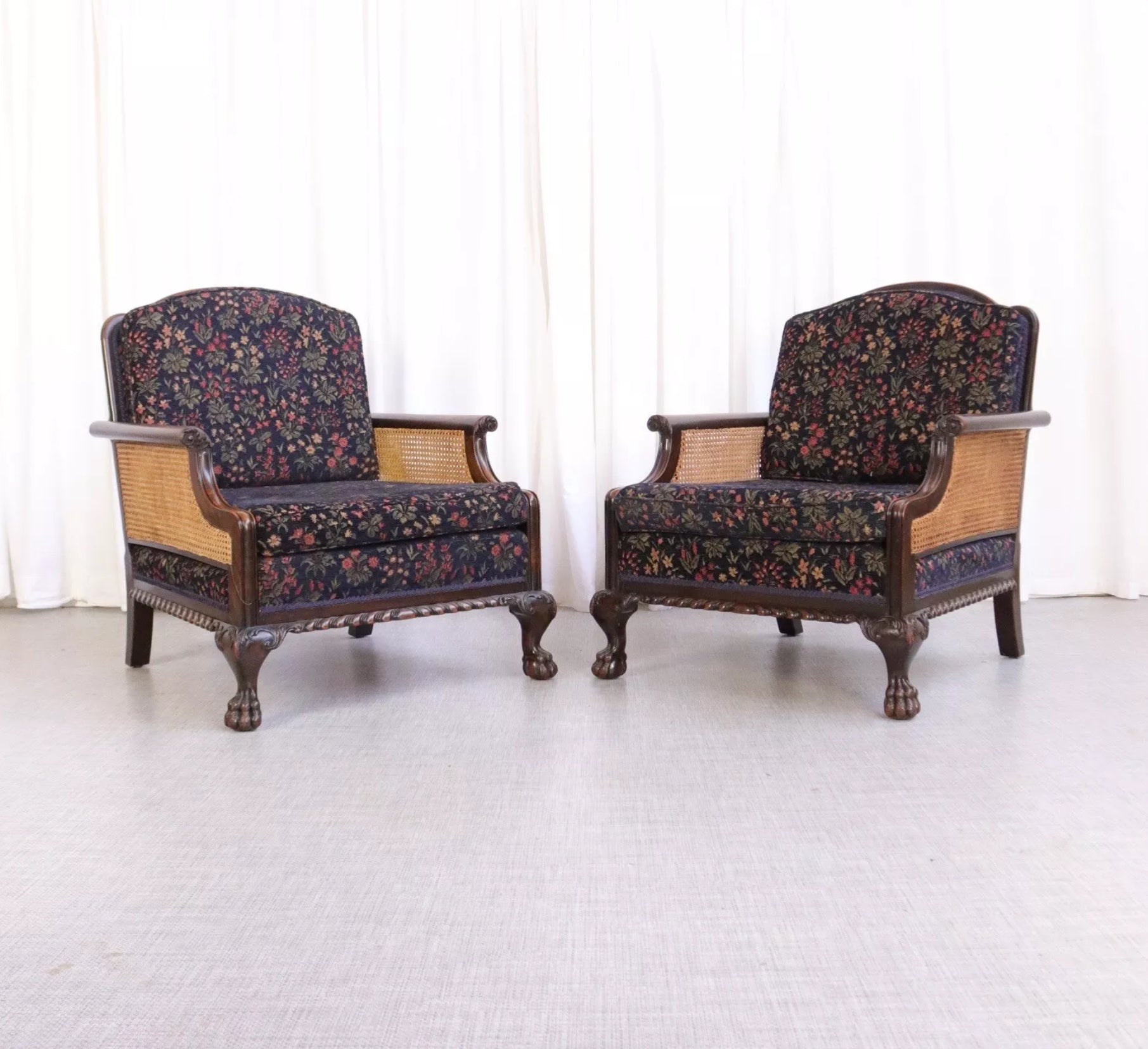 Matching Pair Of Armchairs Bergere Vintage Stunning Condition Claw Feet - teakyfinders