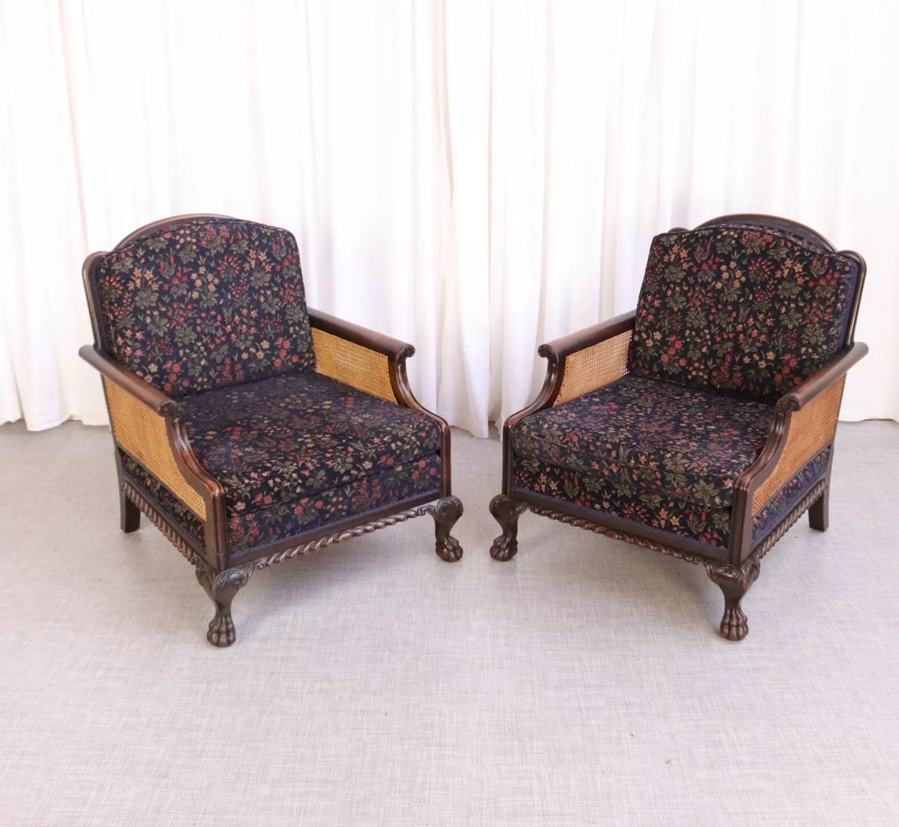 Matching Pair Of Armchairs Bergere Vintage Stunning Condition Claw Feet - teakyfinders