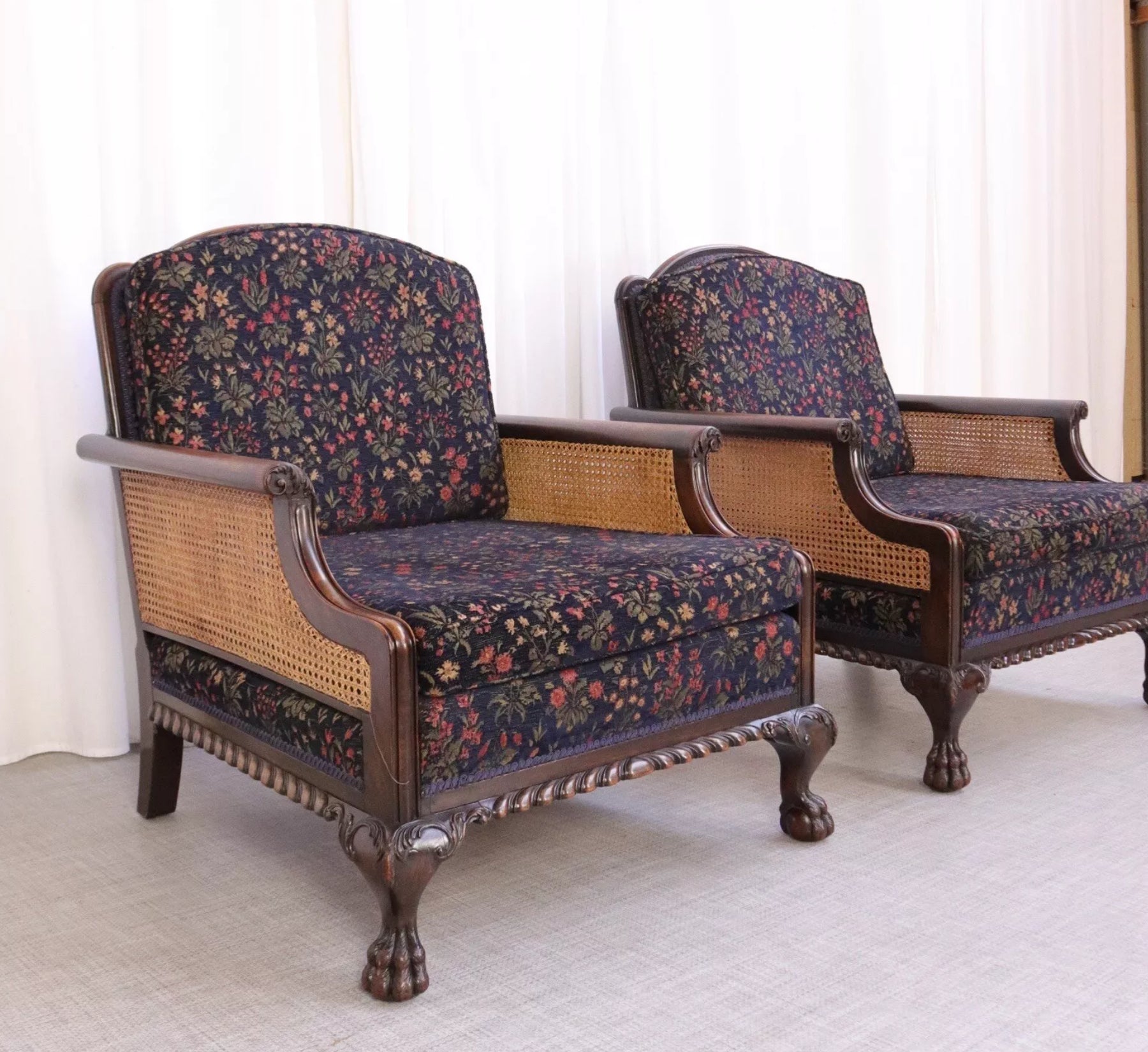 Matching Pair Of Armchairs Bergere Vintage Stunning Condition Claw Feet - teakyfinders