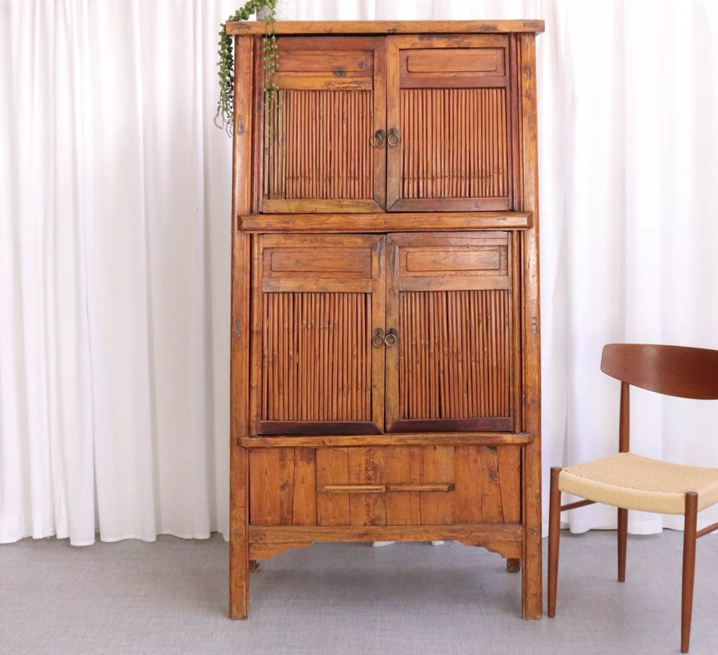 19th Century Large Bamboo Chinese Wedding Cabinet  Antique Storage - teakyfinders