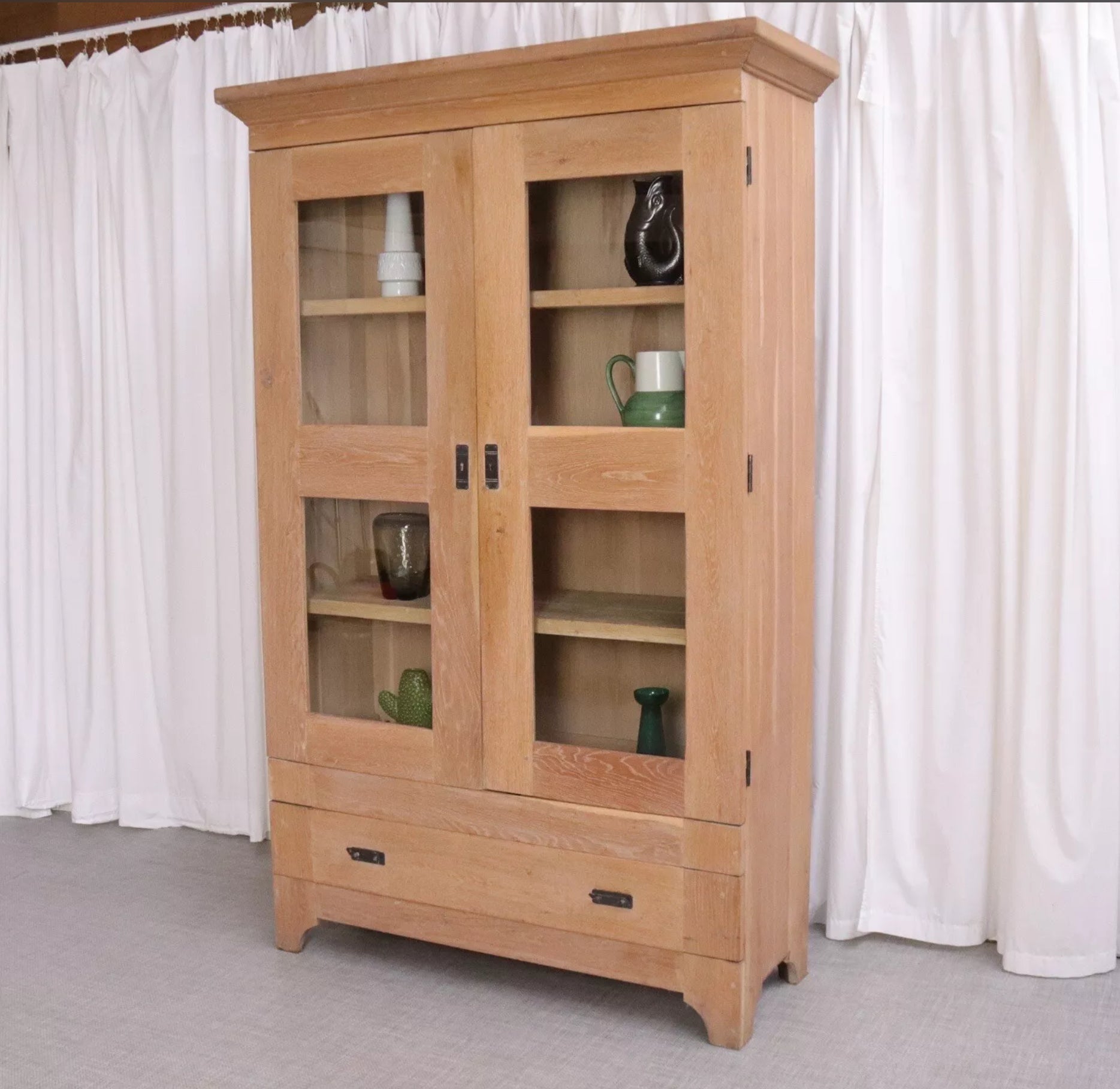 6200 Rustic Limed Oak Glazed Display Cabinet with Drawers - Dining Room Furniture - teakyfinders