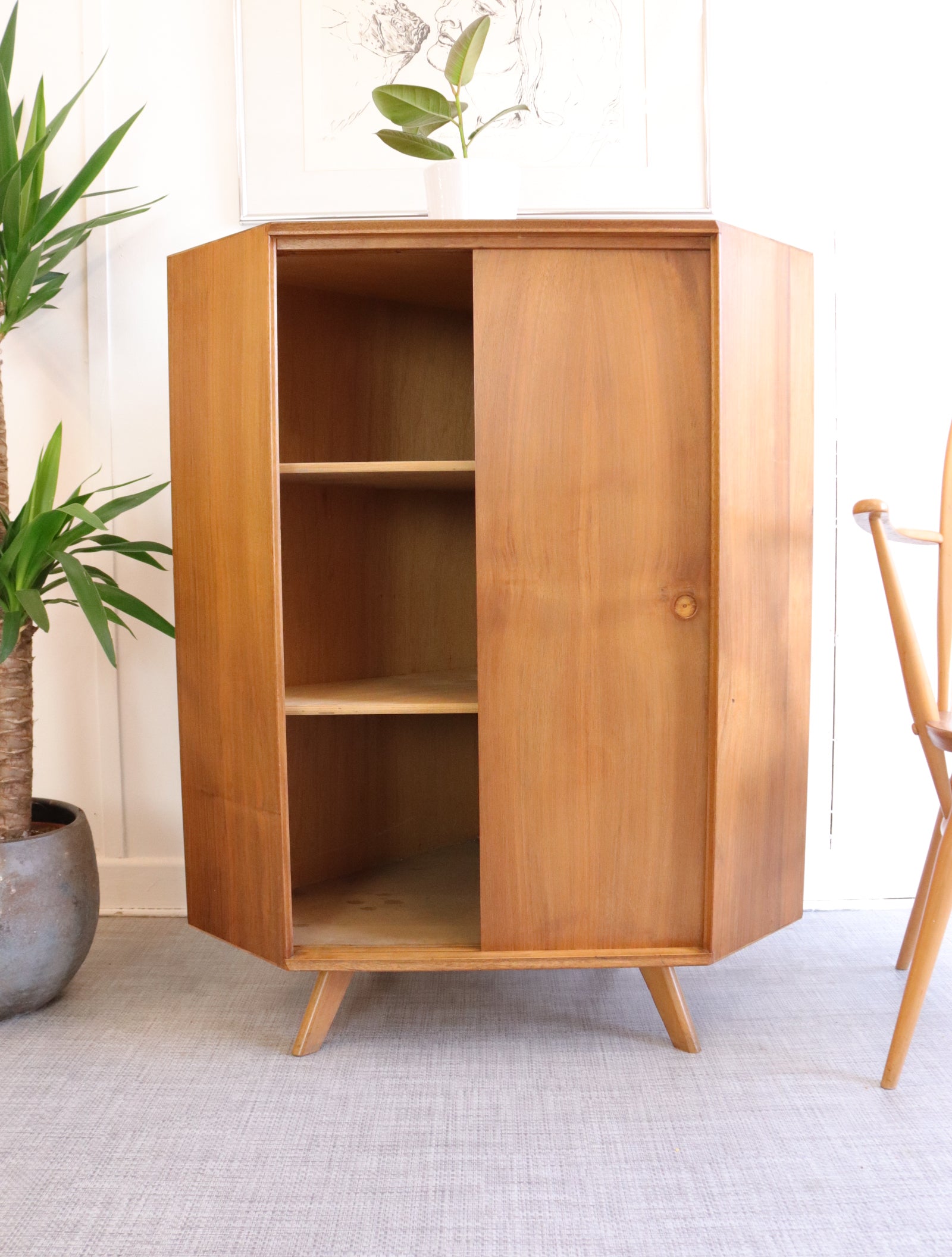 Mid Century Walnut Corner Storage Cupboard - teakyfinders