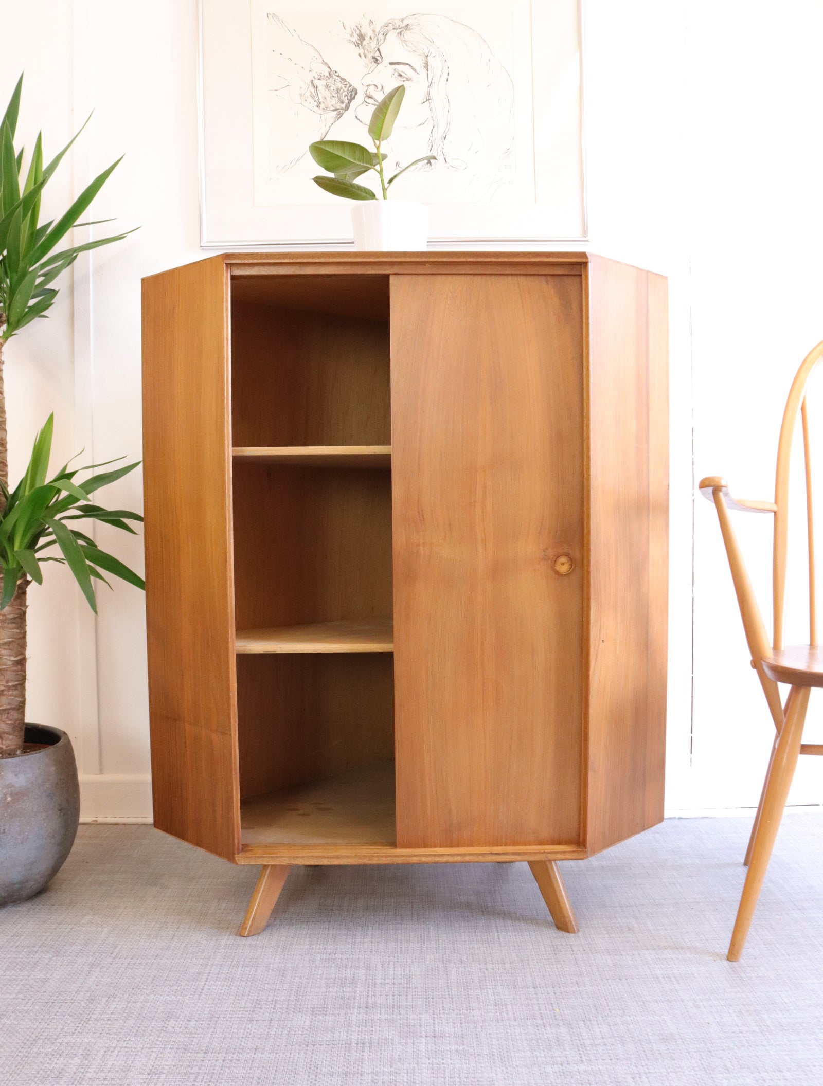 Mid Century Walnut Corner Storage Cupboard - teakyfinders