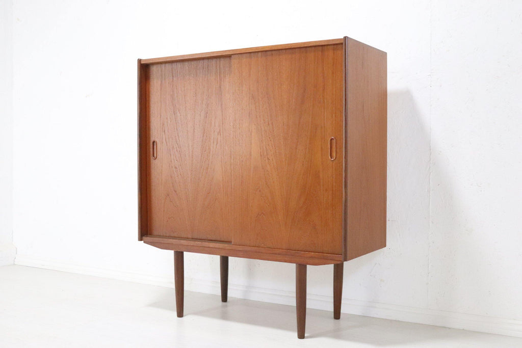 Compact Danish Sideboard In Teak With Sliding Doors - teakyfinders