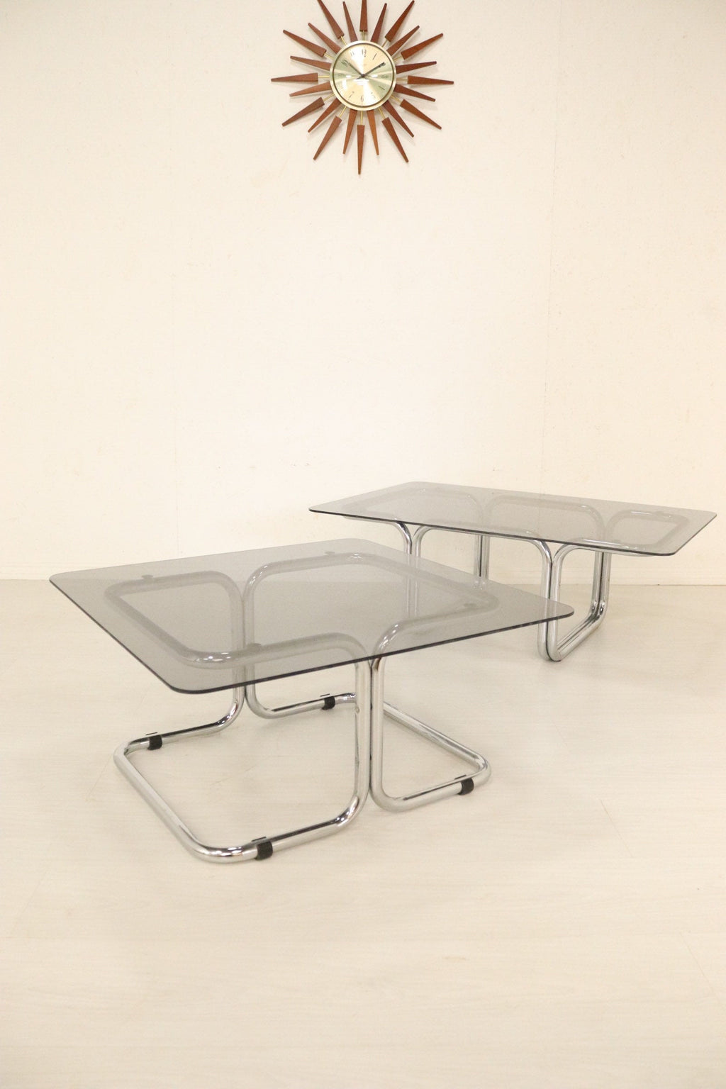 Mid Pair of Smoked Glass & Chrome Italian Coffee Tables - teakyfinders