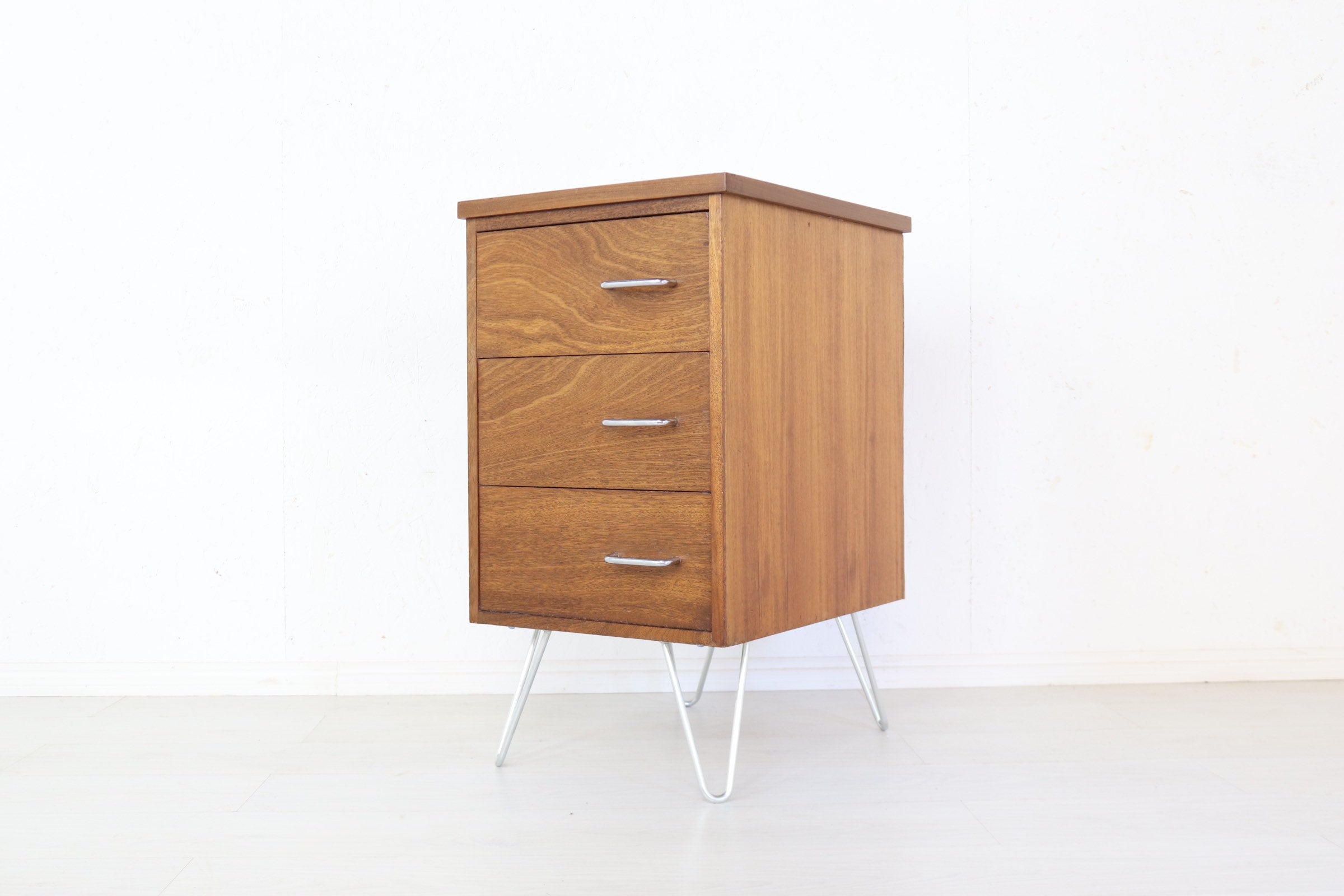 Mid Century  Teak Chest of Drawers with Retro Industrial Zinc Hairpin Legs , Home Office Desk Drawers - teakyfinders