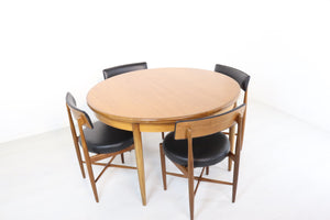 Mid Century G Plan Teak Circular Dining Table with Four Kofod Larsen Chairs Retro New Black Vinyl Original Furniture Fresco Set Immaculate - teakyfinders