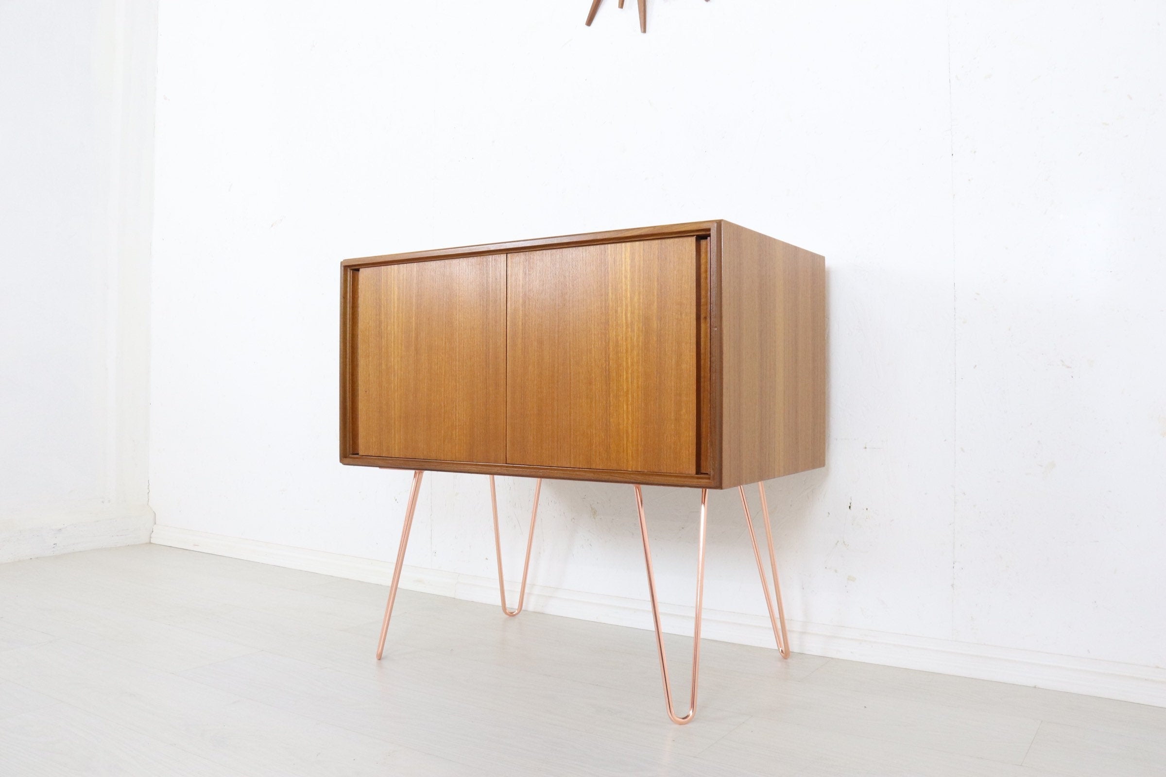 Mid Century G Plan Form Five Teak Sideboard with Sliding Doors Retro Industrial Hairpin Legs - teakyfinders