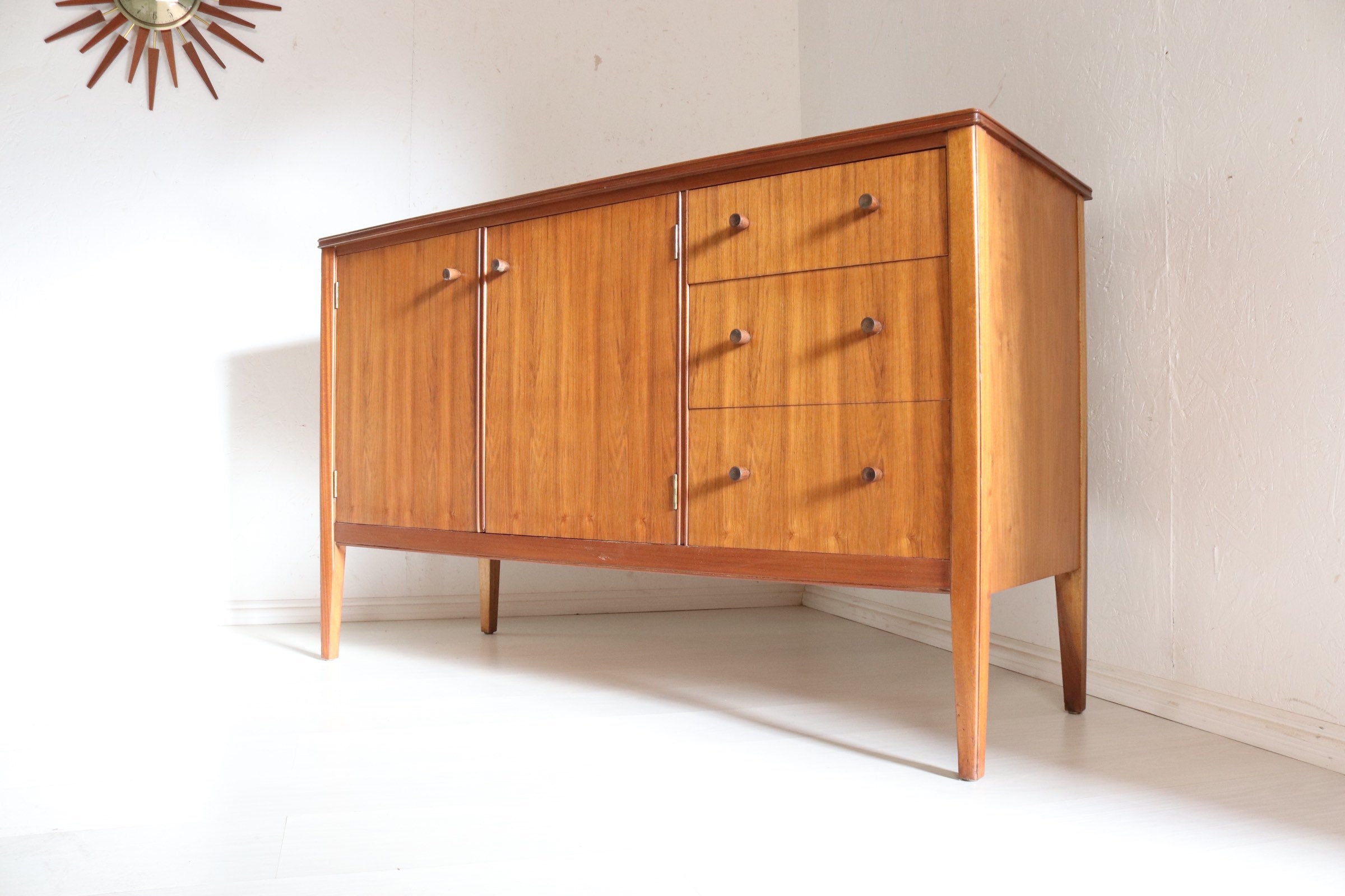 Mid Century W&T Lock Walnut Sideboard 1950’s Vintage and Retro Storage Furniture, Refinished Stunning Condition - teakyfinders